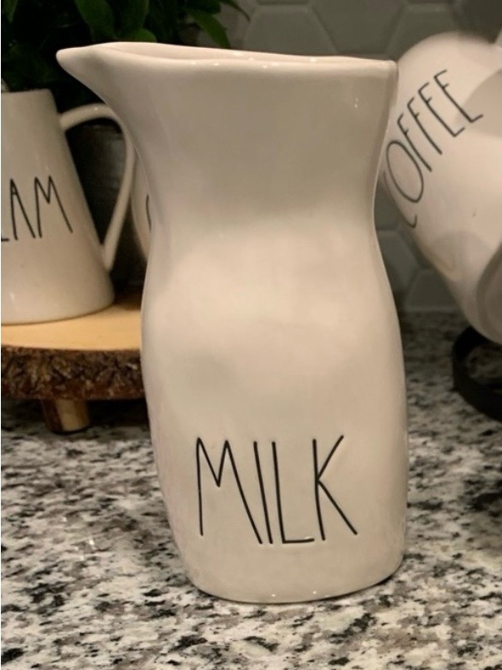 White Ceramic Milk Pitcher with Black Lettering Rae Dunn